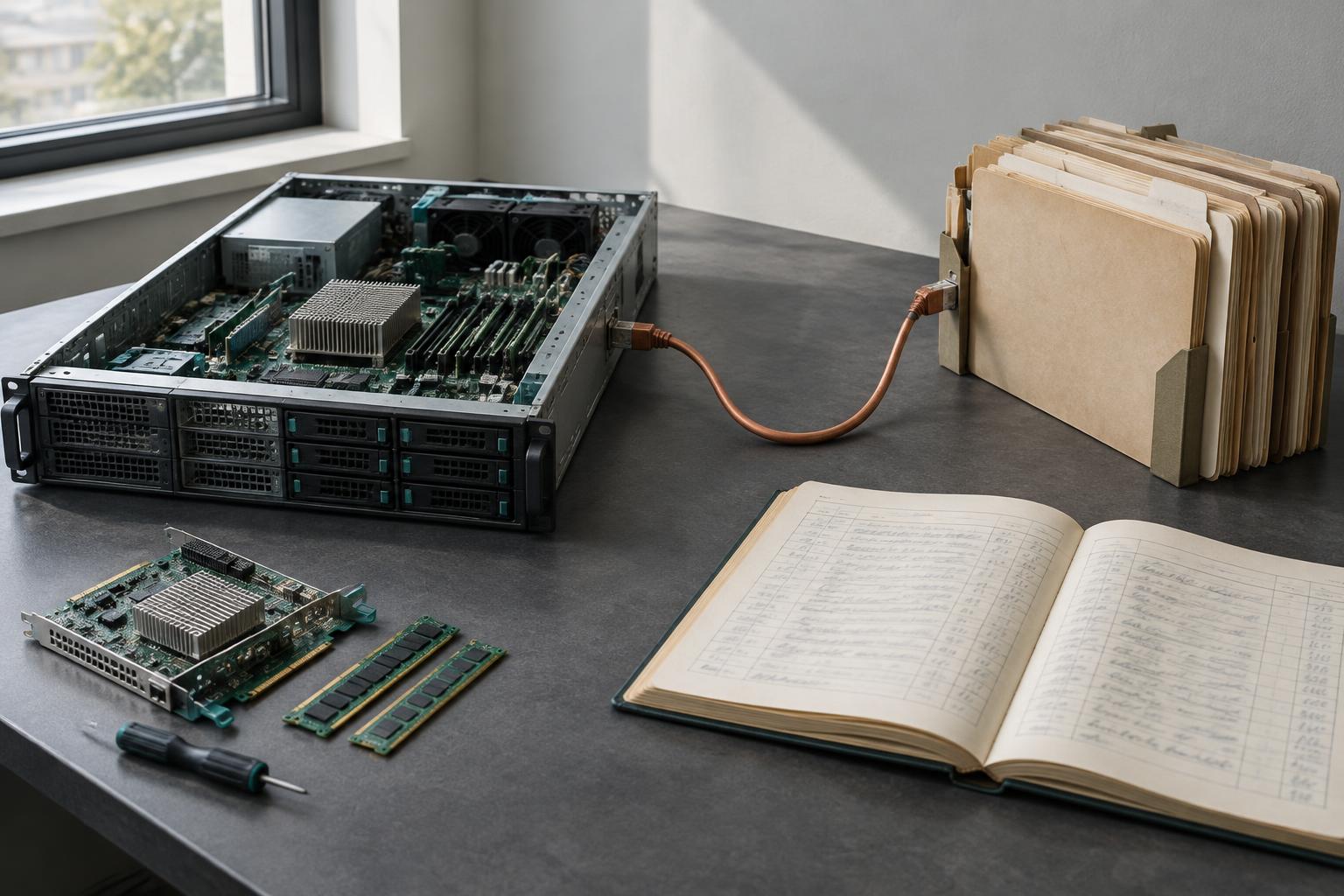 Generated illustration of an open server, paper source folders, and an accounting ledger connected by a copper cable.