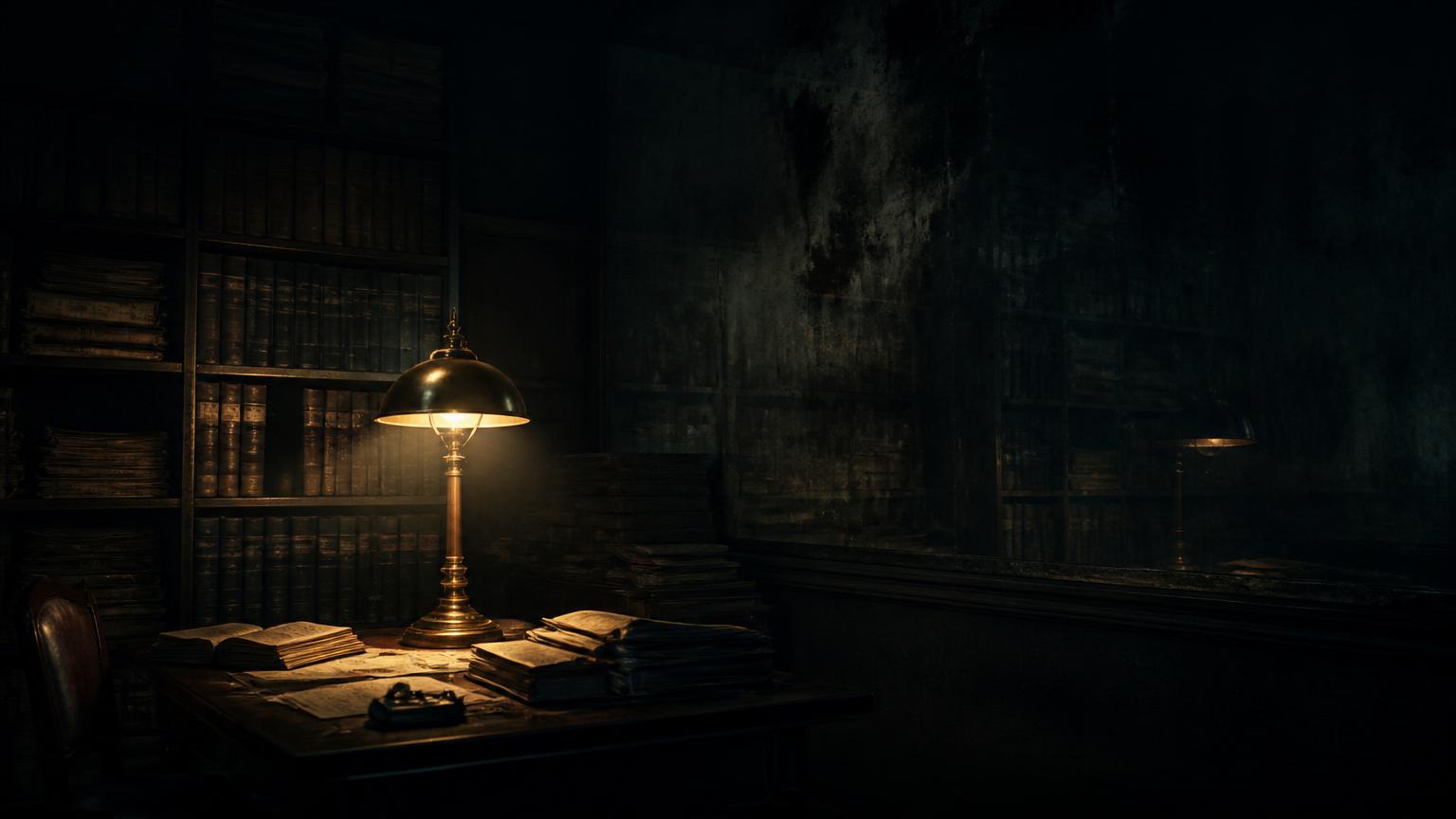 A dim archive room at night: a brass desk lamp over stacked ledgers, and a dark north wall where the light dies