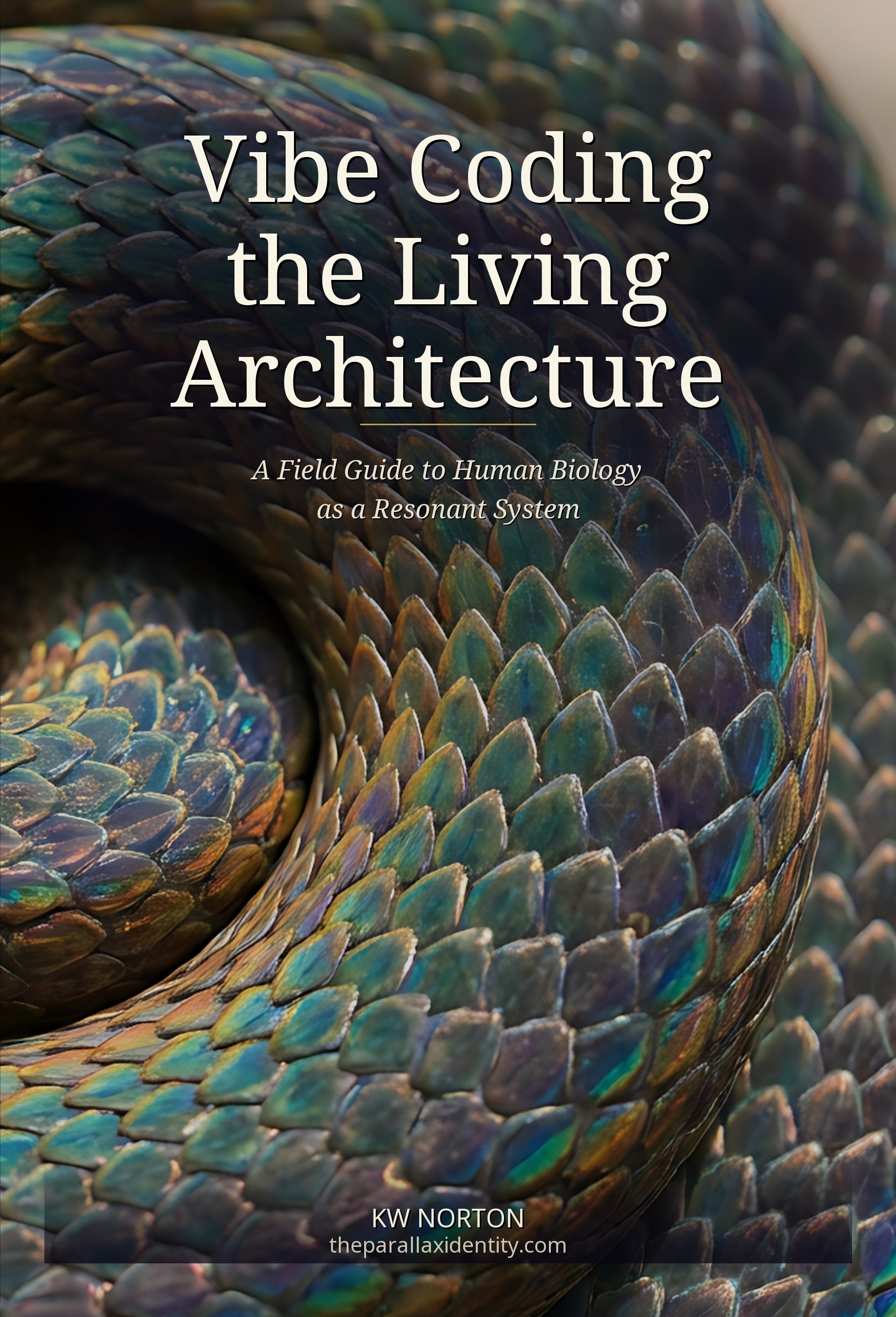 Cover art for Vibe Coding the Living Architecture: an iridescent spiral of scale and light in greens, teals, coppers, and violets against a dark field.