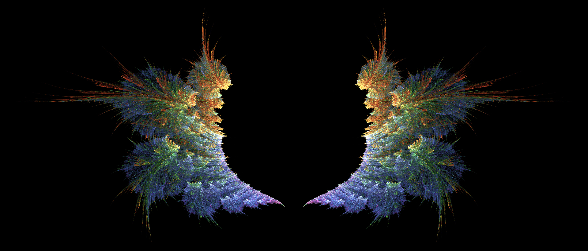 A pair of iridescent fractal wings — orange, green, indigo, and violet feather-strands rendered as recursive mathematical structure on pure black — the front cover artwork of the Quantum Angels volumes.