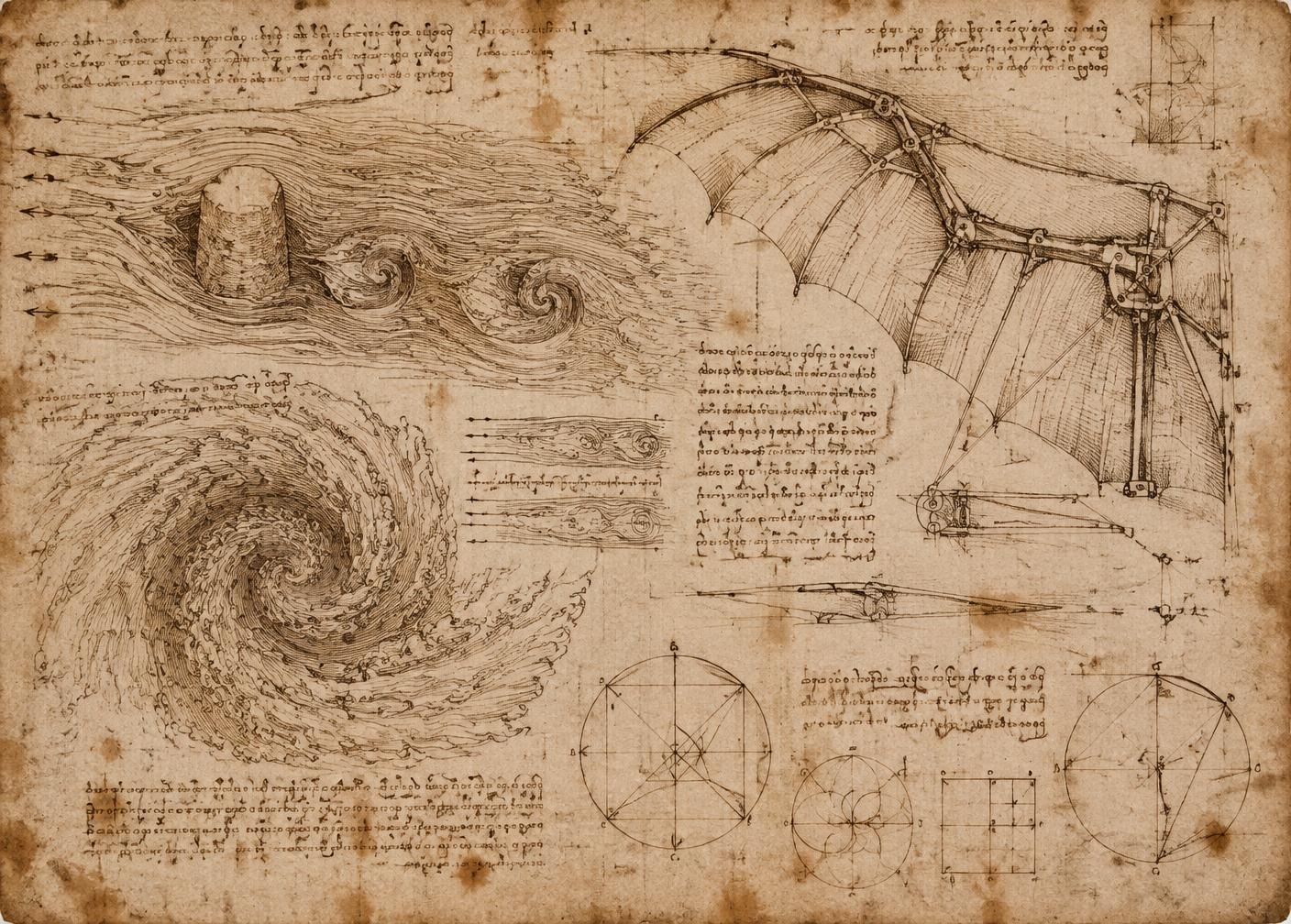A Renaissance-style notebook page in sepia ink on aged paper: studies of water eddying around an obstacle, a large spiral vortex, a jointed mechanical wing armature, geometric circle-and-square diagrams, and dense unreadable handwritten annotation.