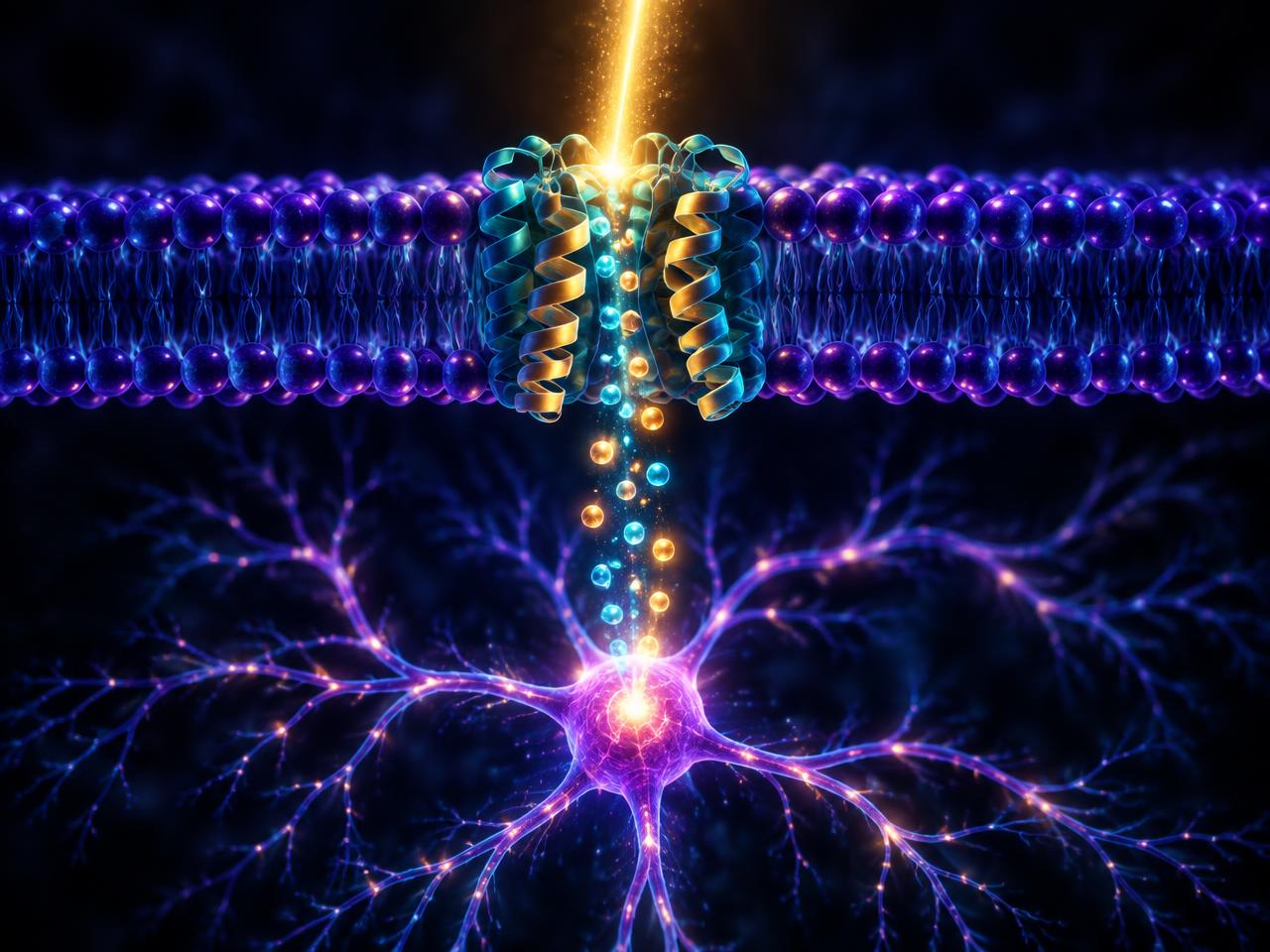 A photon striking a light-gated ion channel in a cell membrane; the gate opens, ions flow, and a neuron fires below.