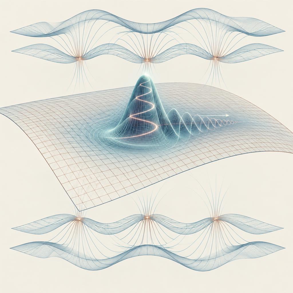 A Gaussian wave packet with a spiral phase riding a curved manifold, between two undulating charged membranes with field lines