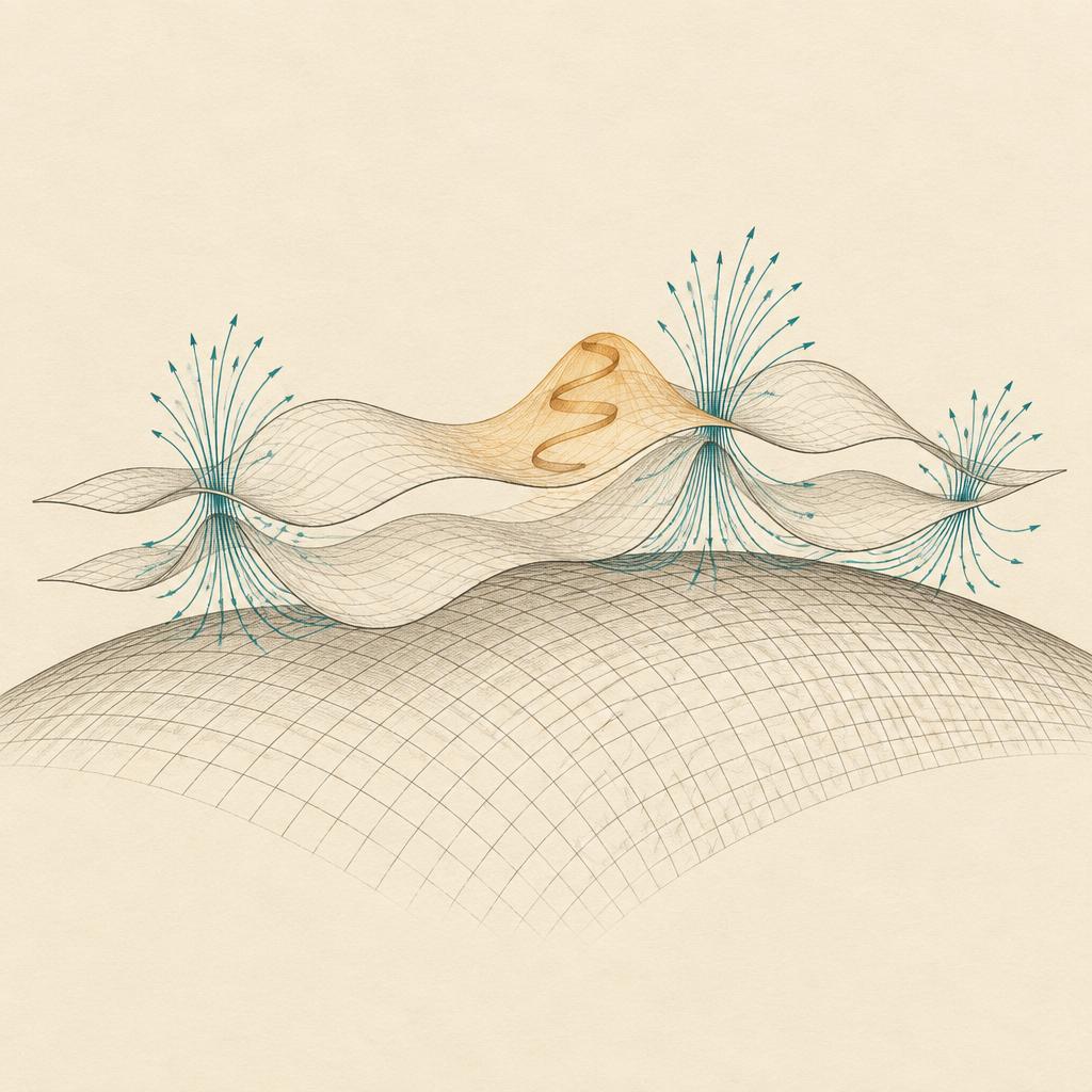 Two undulating charged membranes resting on a curved grid manifold, with a Gaussian wave packet and gathering field lines