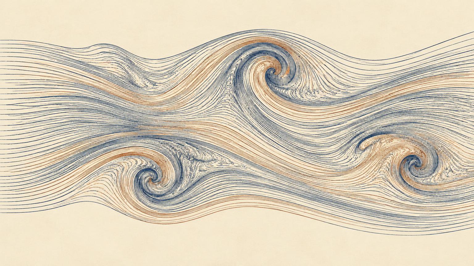 Fine navy and copper flow lines streaming across the page, curling into eddies