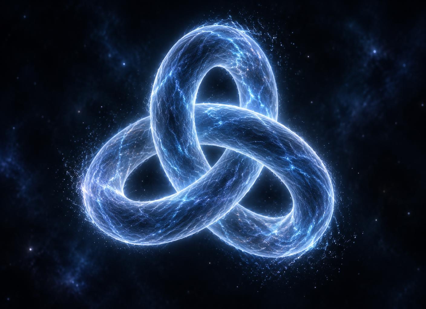 A trefoil knot formed of pale blue light against dark space — the knot that can be untied, tension held but releasable.